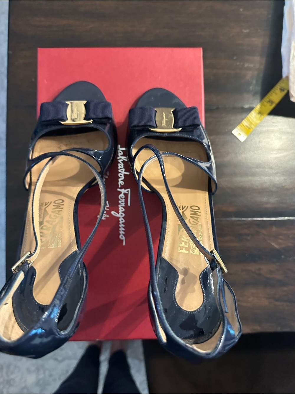 Salvatore Ferragamo Navy Patent Bow Slingback Heels with Gold Accent. Gabrielle - Picture 2 of 8